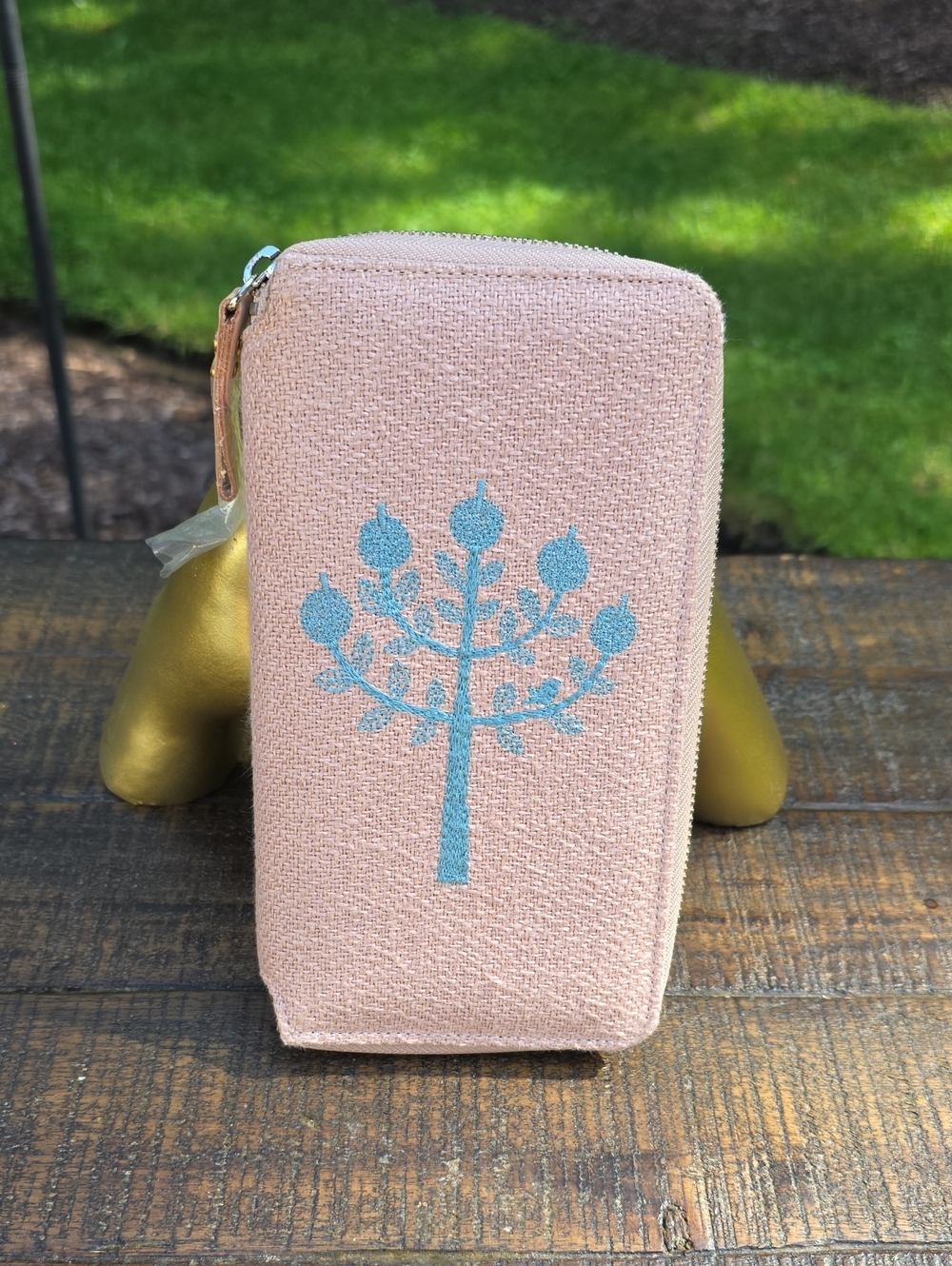 Hobonichi Techo Pink Zip-Around Wallet with Blue Tree Motif
